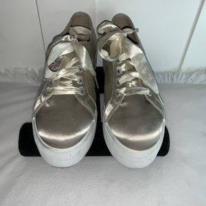 Superga Tan Satin Tie up Platform Shoes